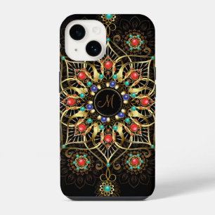 Monogram Gold Turquiose Red Mandala Jewel iPhone 14 Case