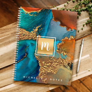 Monogram gold turquoise orange agate watercolor notebook