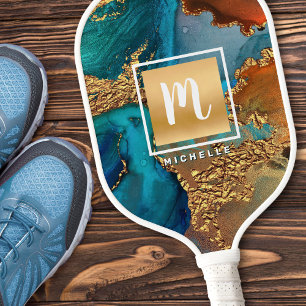 Monogram Gold Turquoise Orange Agate Watercolor Pickleball Paddle