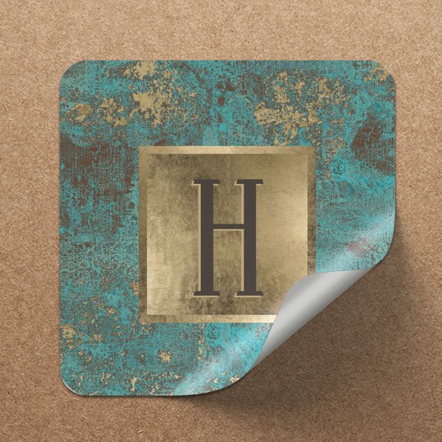 Monogram Gold Turquoise & Teal Vintage Copper Square Sticker (Creator Uploaded)