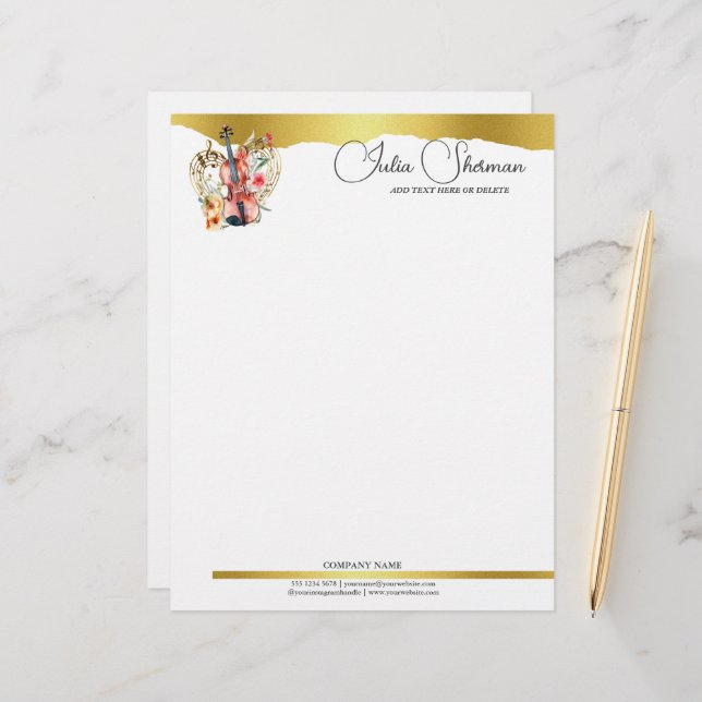 Monogram Gold Violin Modern Script Minimalist Custom Letterhead (Front/Back In Situ)