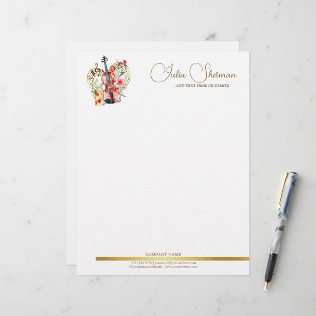 Monogram Gold Violin Modern Script Minimalist Custom Letterhead (Front/Back In Situ)