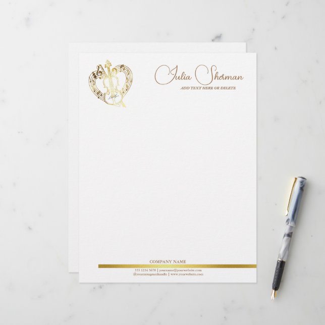 Monogram Gold Violin Modern Script Minimalist Custom Letterhead (Front/Back In Situ)