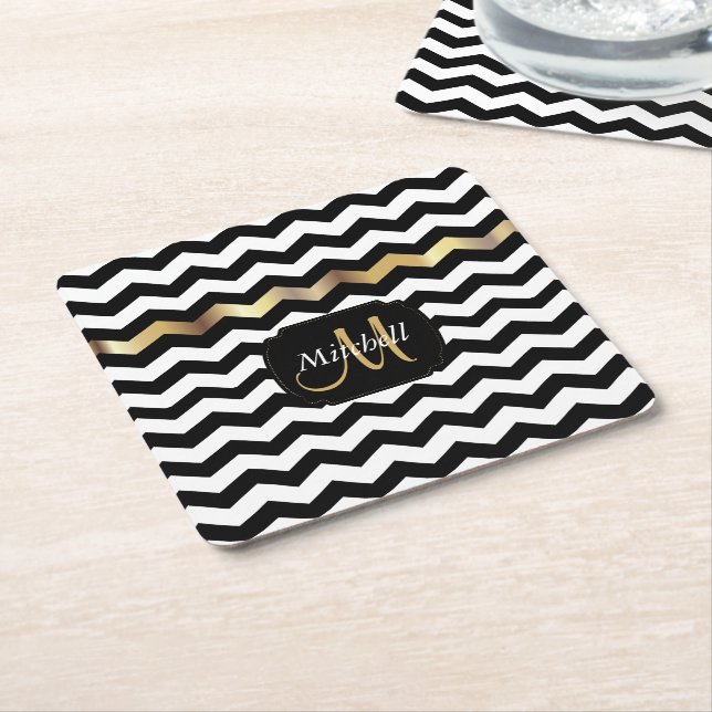 Monogram Gold, White & Black Chevron Square Paper Coaster (Angled)