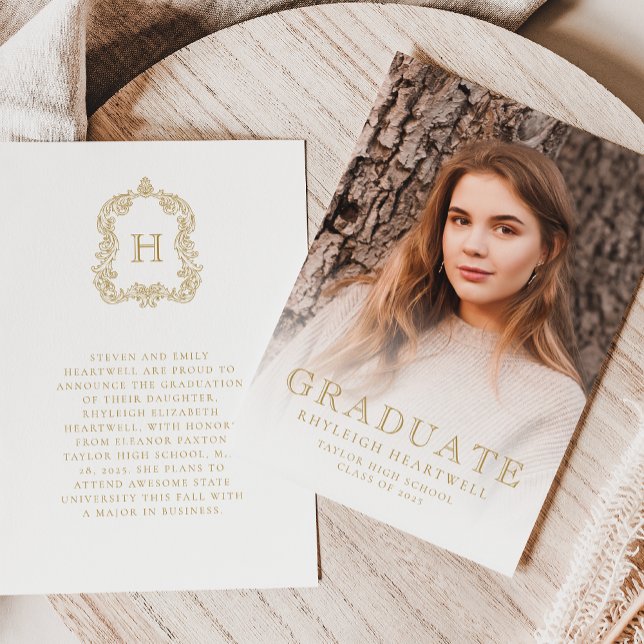 Monogram Gold White Photo Graduation Announcement (Creator Uploaded)