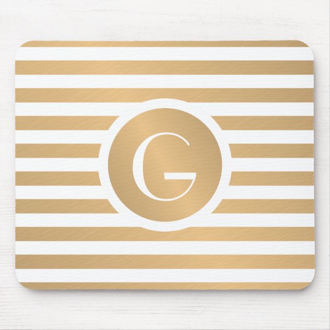 Monogram Gold & White Stripes Mouse Pad (Front)