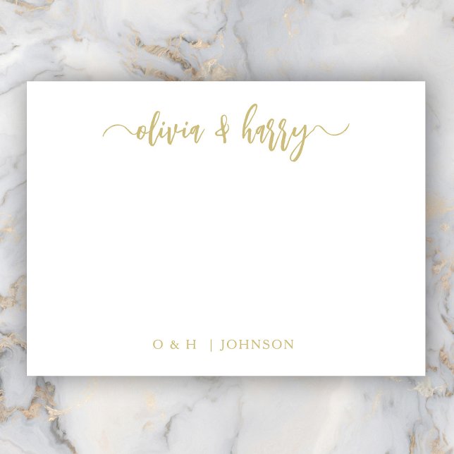 Monogram Gold White Wedding Note Card (Personalize Your Name(s) in Stylish Hand Lettered Script. Add Elegant Monogram Initials & Surname.)