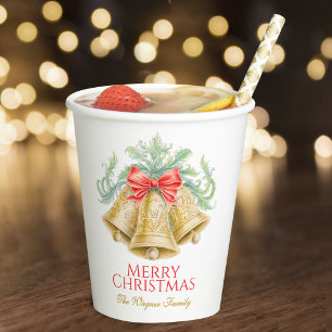 Monogram golden bells red bow Christmas party Paper Cups