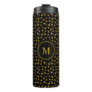 Monogram & Golden Confetti on Black Thermal Tumbler