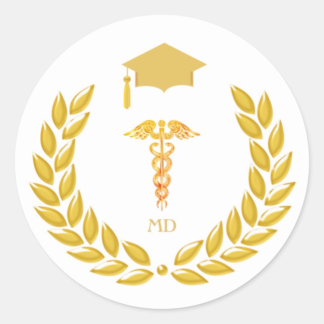 Monogram & Golden Medical Doctor Graduation Classic Round Sticker (Front)