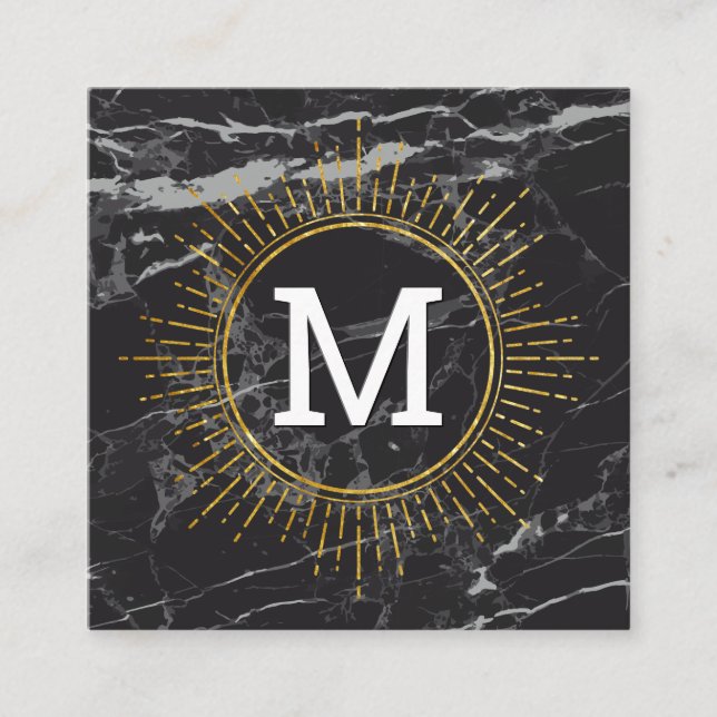 Monogram | Golden Shine | Black Marble Square Business Card (Front)
