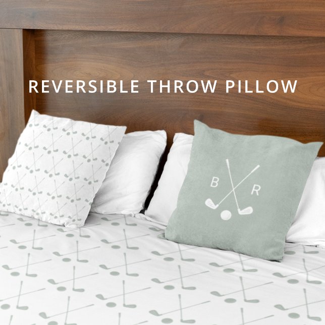 Monogram Golf Club Pattern Sage Reversible Modern Cushion (Reversible golf themed throw pillow, personalize with initials.)