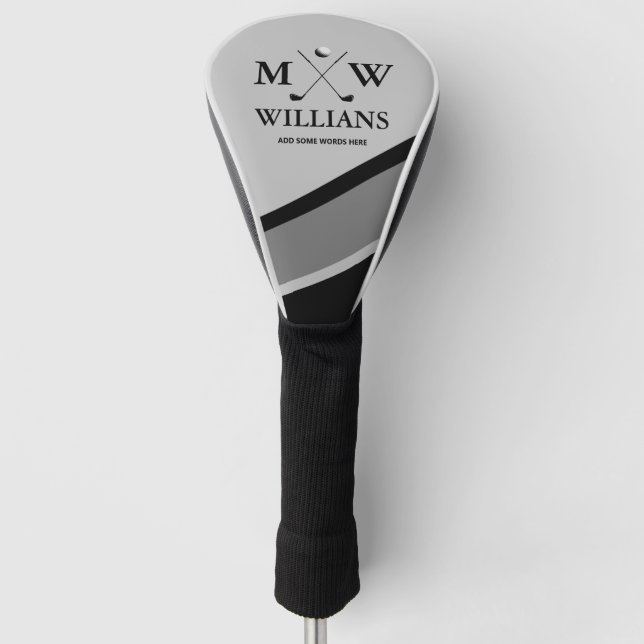 Monogram (golfer name & initials) black grey golf head cover (Front)