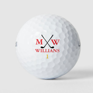 Monogram golfer red name and initials golf balls