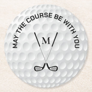 Monogram golfing crossed clubs custom text round paper coaster