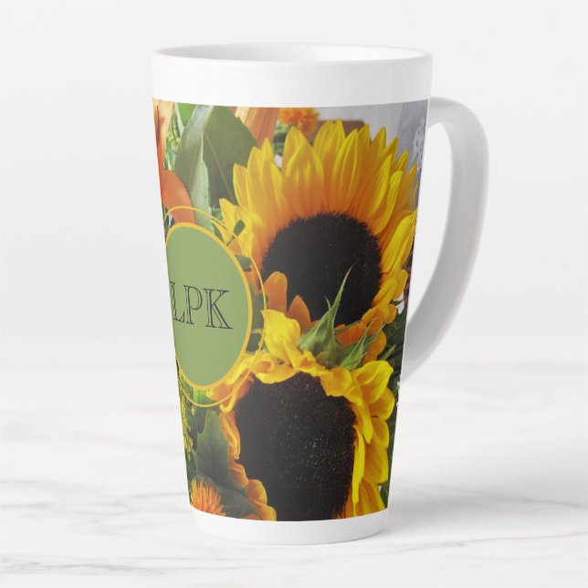 Monogram Gorgeous Sunflowers Print 17oz Latte Mug (Right Angle)