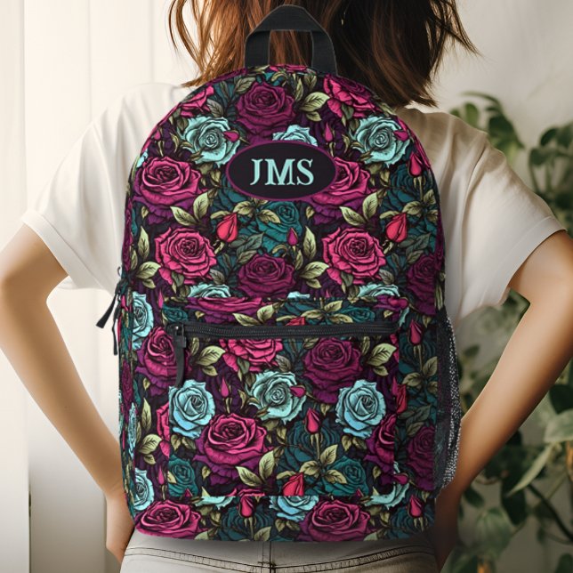 Monogram Gothic Rose Pink Purple and Blue Floral Printed Backpack (Creator Uploaded)
