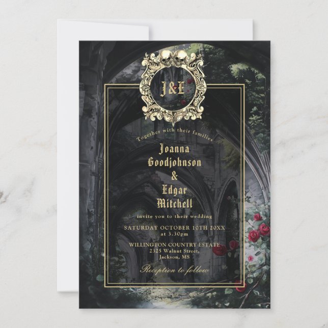 Monogram Gothic Ruins Roses Floral Wedding Invitation (Front)