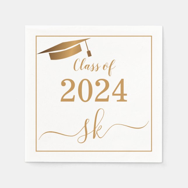 Monogram Graduation Cap Gold Script Class of 2024 Napkin (Front)