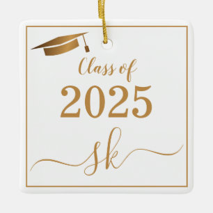 Monogram Graduation Cap Gold Script Class of 2025 Ceramic Ornament