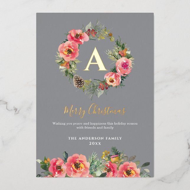 Monogram Gray Floral Botanical Wreath Christmas (Front)