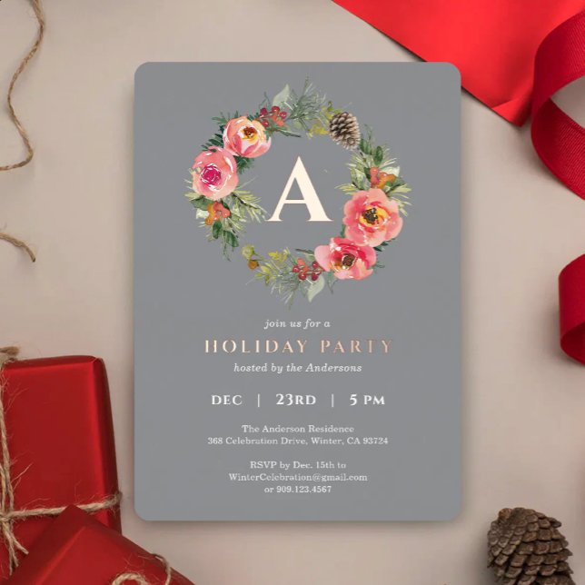 Monogram Gray Wreath Botanical Christmas Party  (Creator Uploaded)