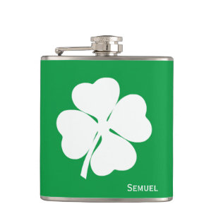 Monogram Green 4 Leaf Shamrock Skull And Green Hat Hip Flask