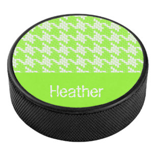 Monogram green and white houndstooth pattern  hockey puck