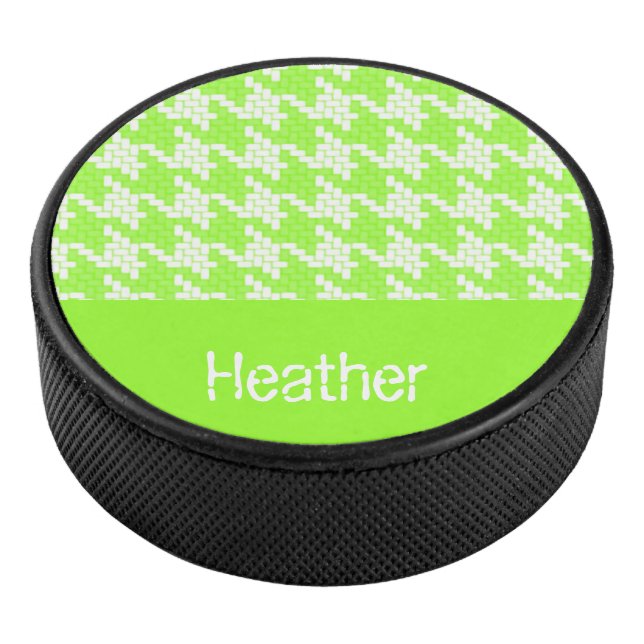Monogram green and white houndstooth pattern  hockey puck (3/4)