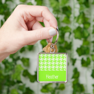 Monogram green and white houndstooth pattern  key ring