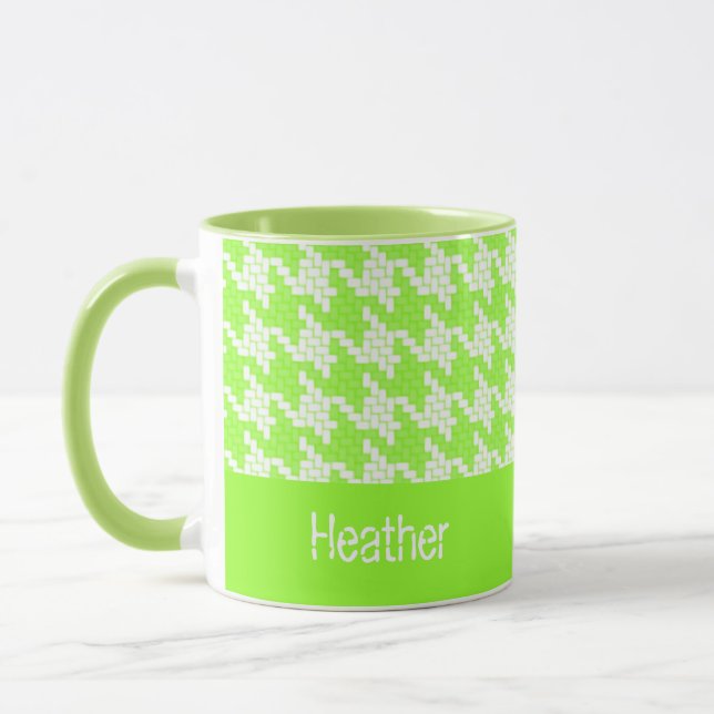 Monogram green and white houndstooth pattern  mug (Left)