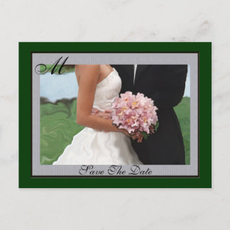 Monogram Green Artistic Save The Date Postcard