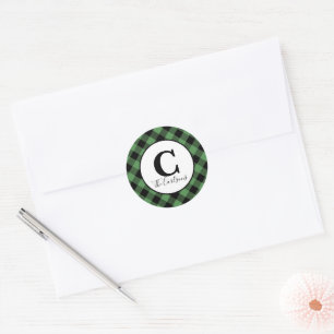 Monogram Green Black Buffalo Plaid Christmas Classic Round Sticker