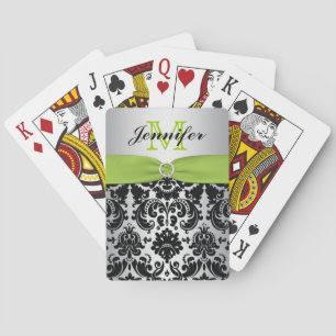 Monogram Green Black Silver Damask Playing Cards