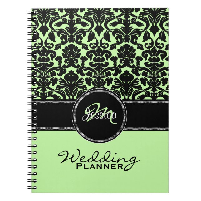 Monogram Green Black White Damask Wedding Planner Notebook (Front)