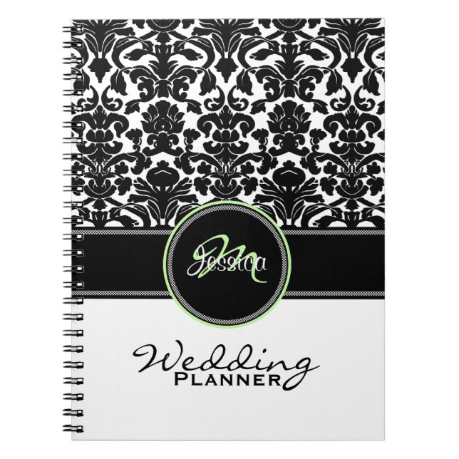 Monogram Green Black White Damask Wedding Planner Spiral Notebook (Front)