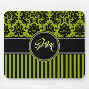 Monogram Green Black White Stripe Damask Mousepad