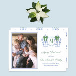 Monogram Green Blue Ginger Jars Family Photos Holiday Card<br><div class="desc">* Photo credit: Photography © Storytree Studios, Stanford, CA ** / Chinoiserie Chic Merry Christmas photocard with space for a single letter monogram and a family photo. The watercolor elements (ginger jar and green ribbon bow) were originally handpainted by me in watercolors onto 100% cotton paper before being scanned and...</div>