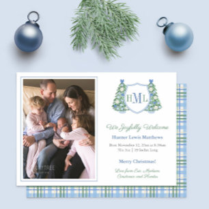 Monogram Green Blue Holidays Photo Baby Boy Birth Announcement