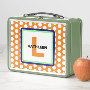 Monogram Green Blue Orange Polka Dots Metal Lunch Box