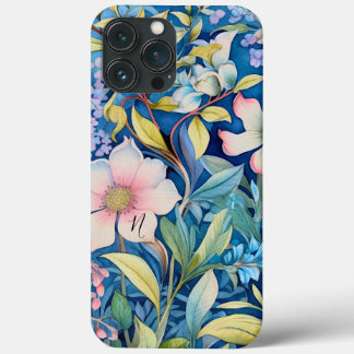 Monogram Green Blue Purple Pink Floral Greenery  iPhone 13 Pro Max Case