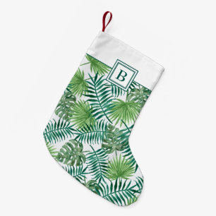 Monogram Green Botanical  Palm Leaves Small Christmas Stocking