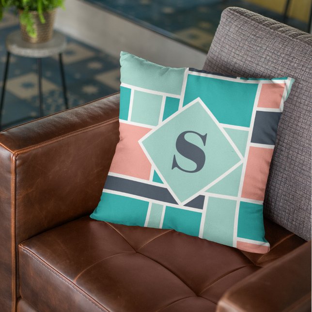 Monogram Green Coral Geometric Art Cushion (Creator Uploaded)