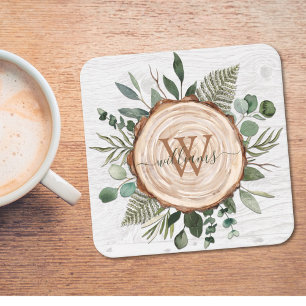 Monogram Green Eucalyptus Leaves Foliage Wood Coaster