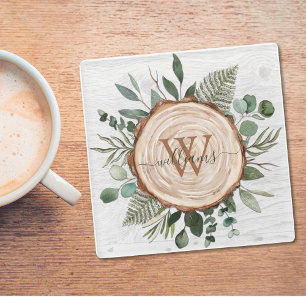 Monogram Green Eucalyptus Leaves Foliage Wood Glass Coaster