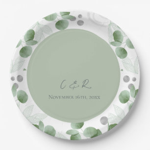 Monogram Green Eucalyptus Wedding Reception Party Paper Plate