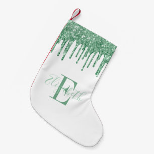 Monogram Green Faux Glitter Drips White Small Christmas Stocking