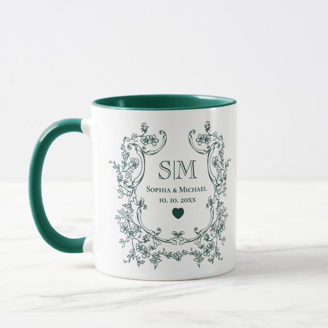 Monogram Green Floral Wreath Wedding Mug (Left)