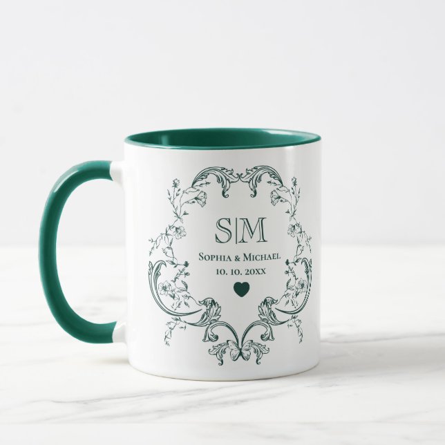 Monogram Green Floral Wreath Wedding Mug (Left)
