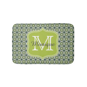 Monogram Green Flowers Pattern Bath Mat